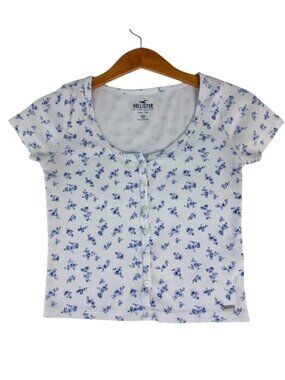 Floral Ribbed T-Shirt Hollister Women’s XS White Blue Short Sleeve Casual Top